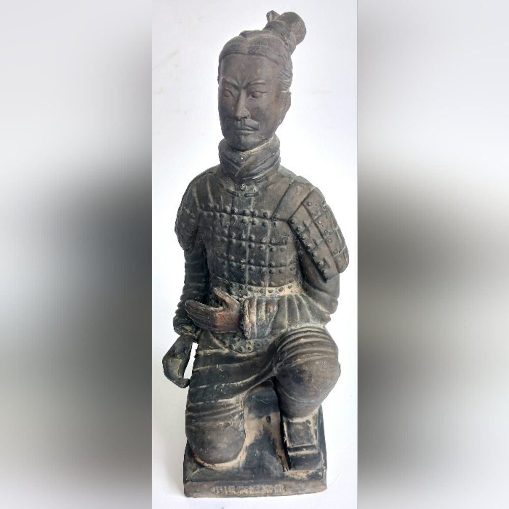 Kneeling Chinese Warrior Soldier Carved Statue Solid Terracotta 9" Tall Vintage
